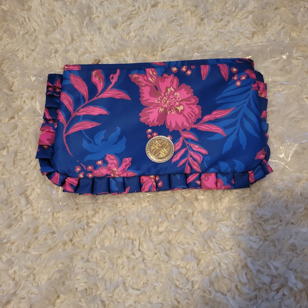 NEW Lilly Pulitzer Floral Blue and Pink Clutch with Ruffle Trim